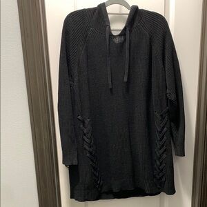 Black Women's Sweater hooded with Lace-Up Detail